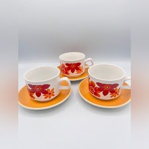 Set of 3 Vintage Retro Staffordshire Potteries Flower Cups and Saucers - England